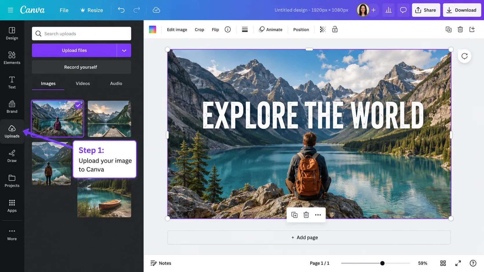 Canva design with large text over a mountain photo