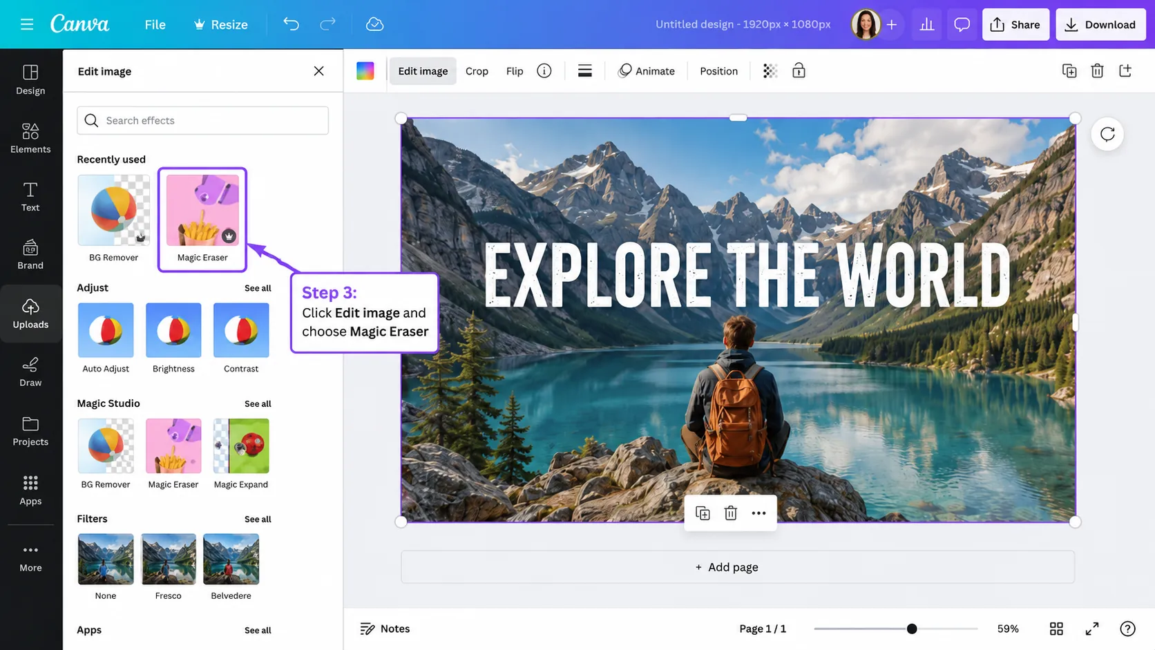 Step 3 choosing Magic Eraser in Canva Edit image tools