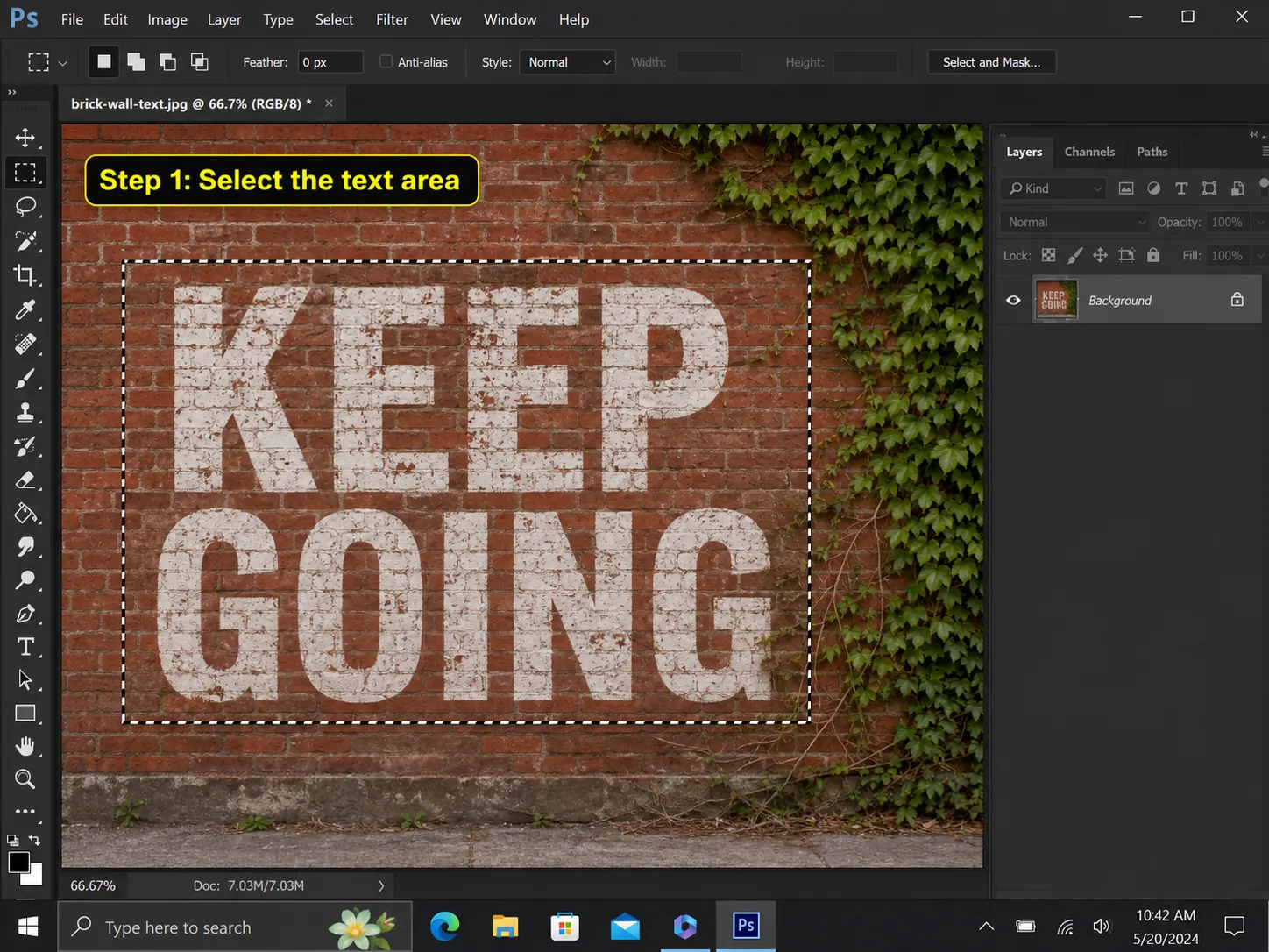 Photoshop document with painted wall text selected