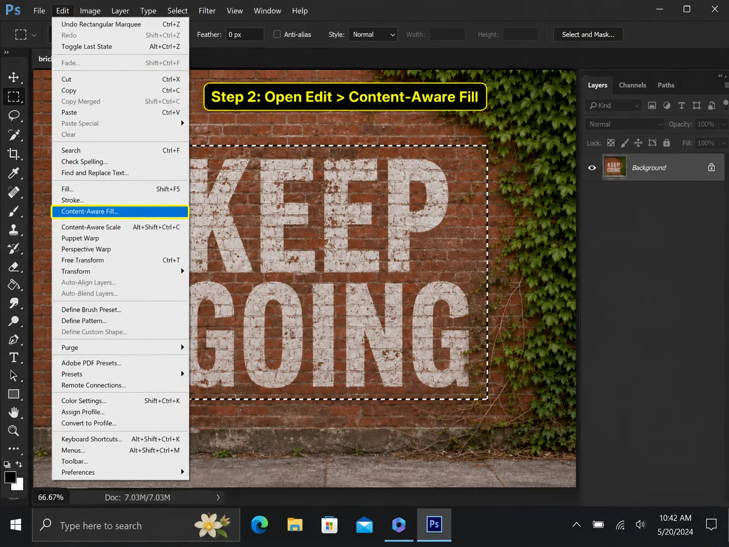 Step 2 opening Content-Aware Fill from the Photoshop Edit menu
