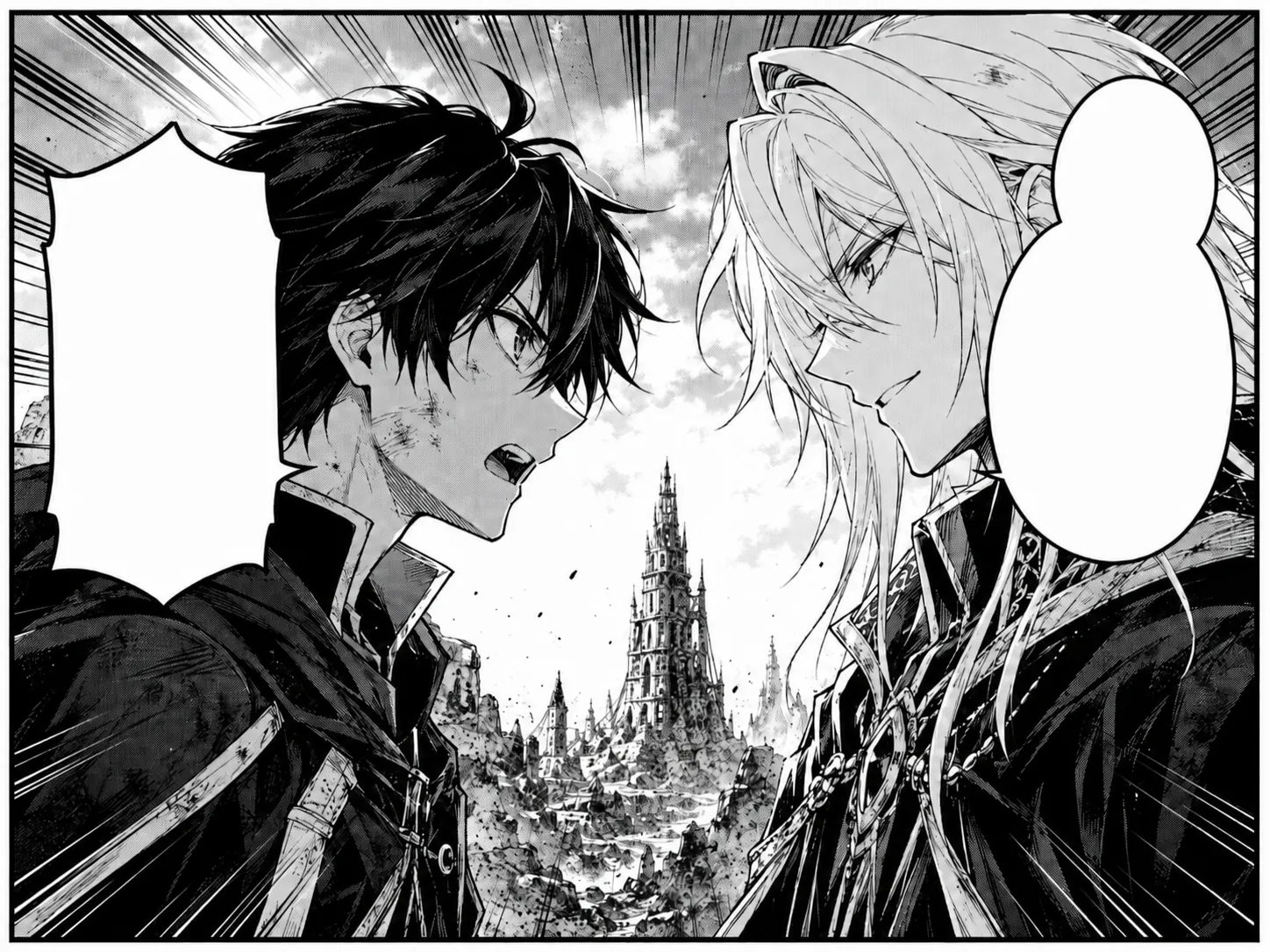 Manga panel with both speech bubbles cleared for new lettering