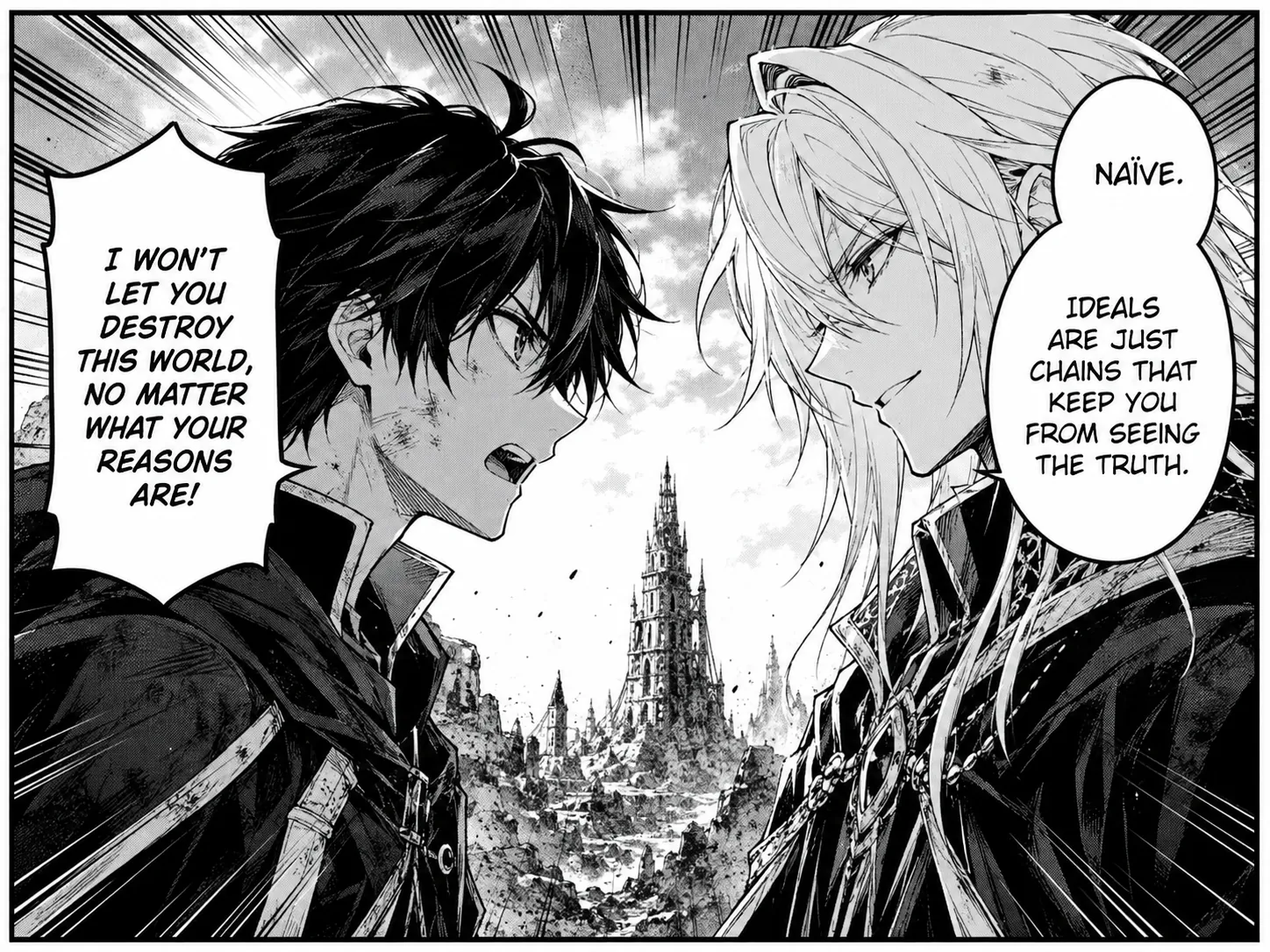Black and white manga panel with dialogue in two speech bubbles