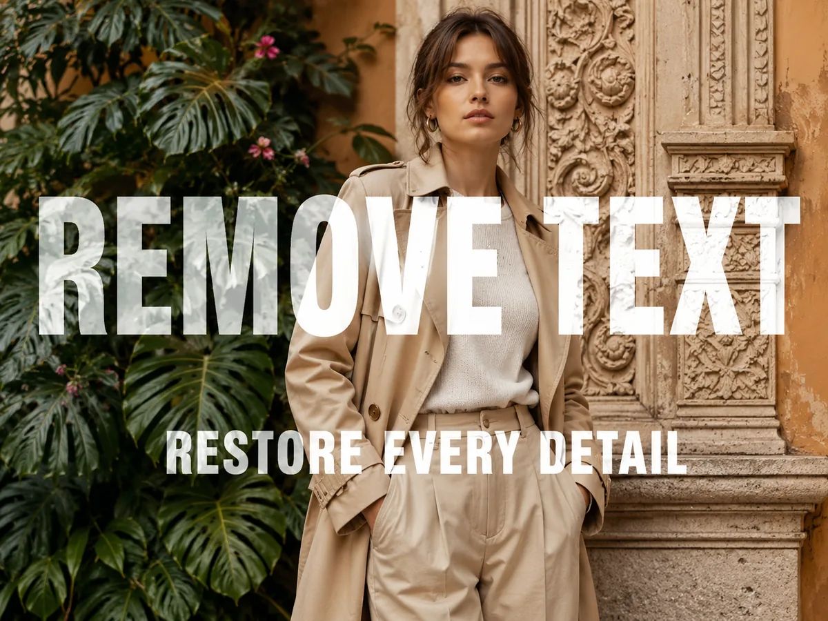 Portrait with large white text covering the image before AI text removal