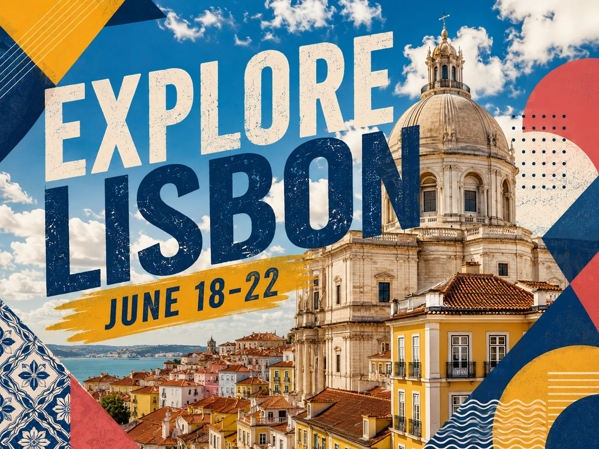 Lisbon travel poster with destination headline and dates