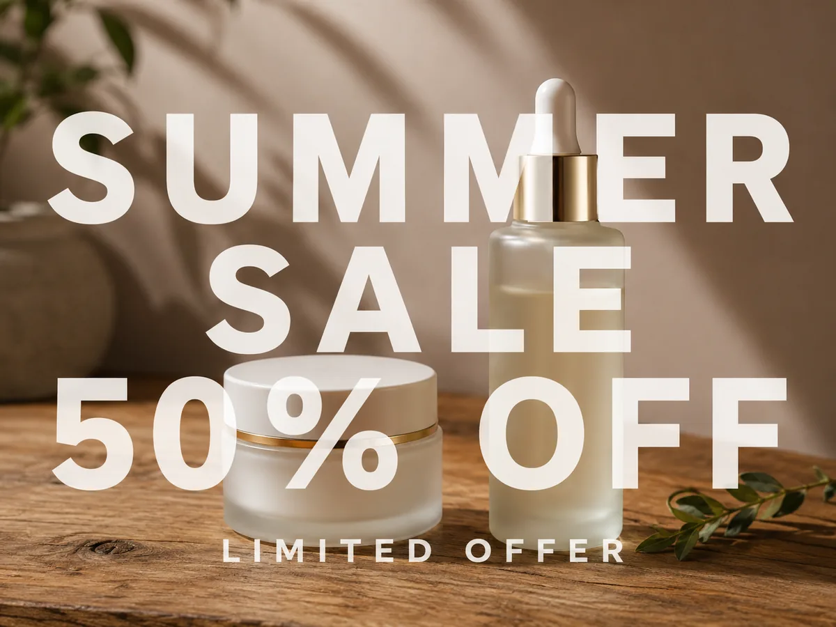 Skincare product photo with summer sale and discount text