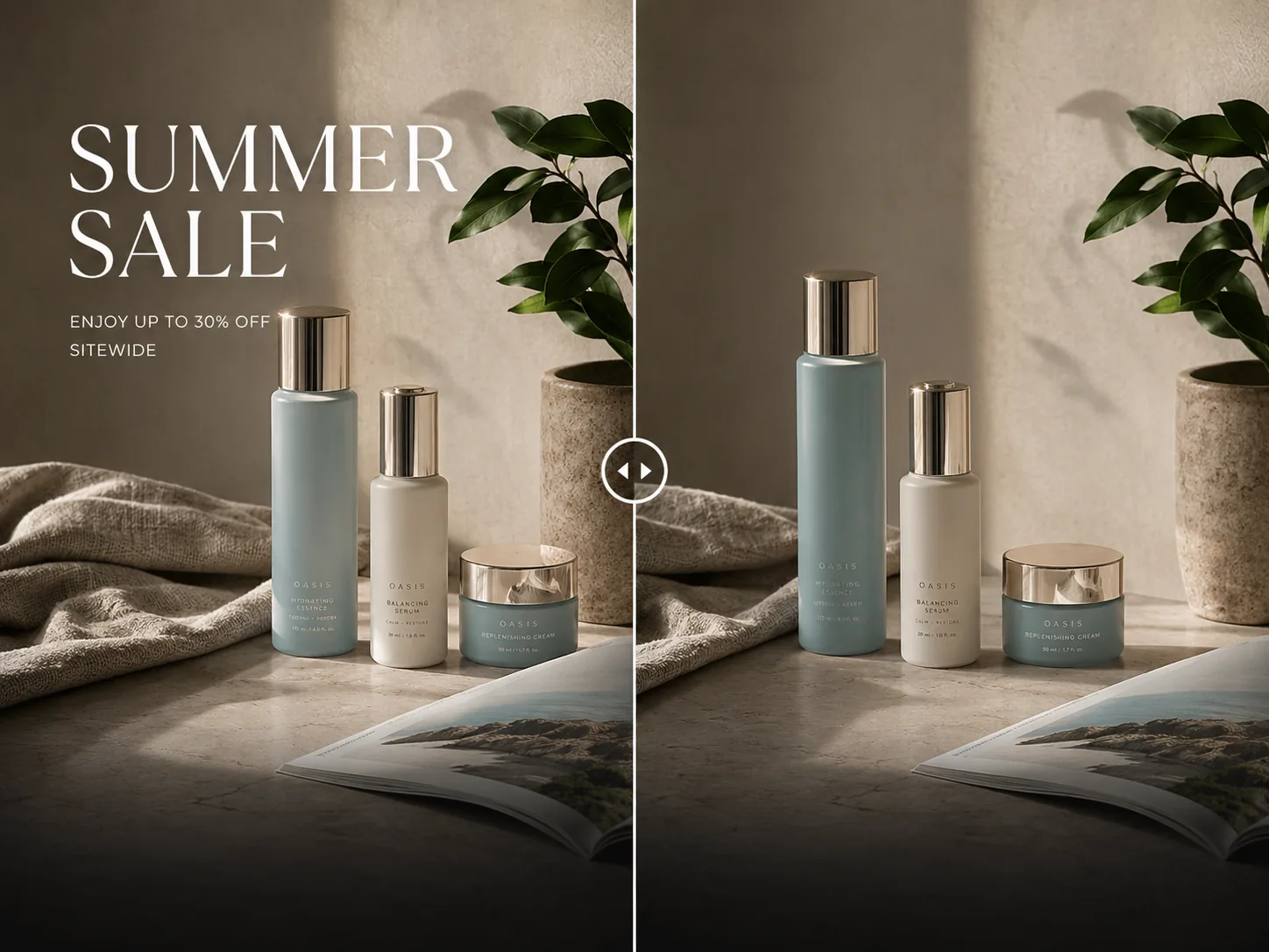 Before and after comparison showing text removed from a product image
