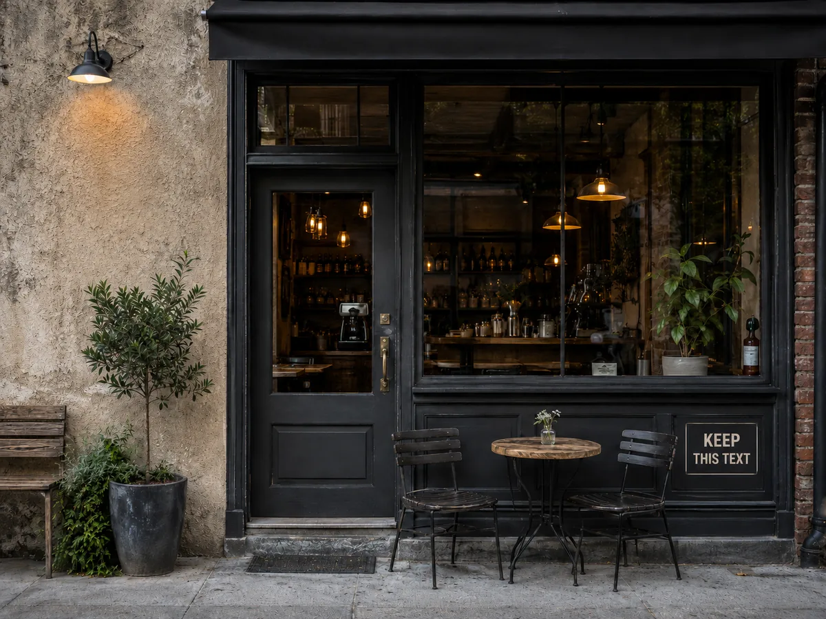 Cafe storefront with only the requested sign text removed