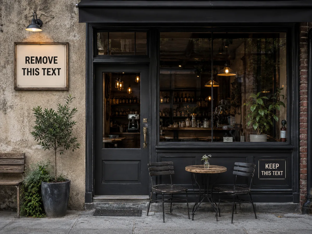 Cafe storefront with one sign marked for removal and another to keep