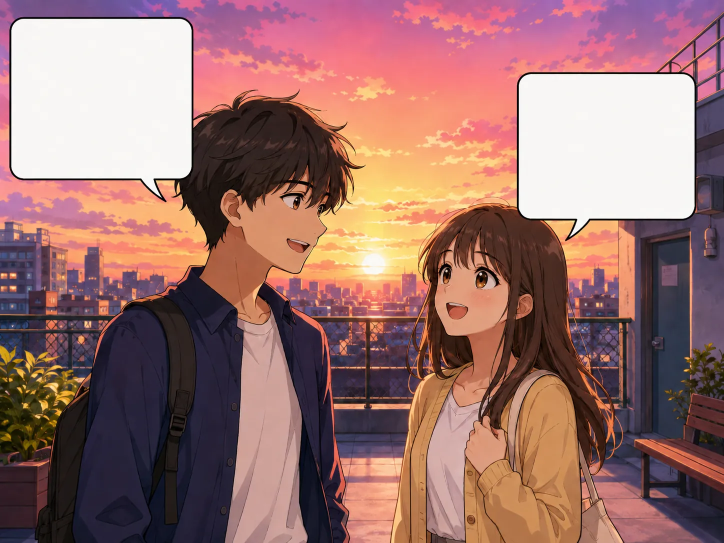 Color webtoon scene with empty speech bubbles